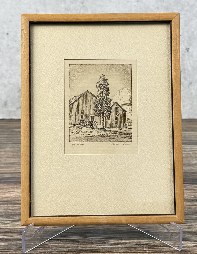 Richardson Rome The Old Barn Etching: 2 3/4" by 3 3/4" unframed. 6 1/2" by 8 1/2" framed.