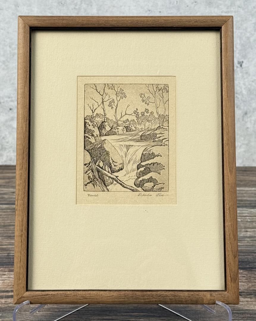 Richardson Rome Waterfall Etching: 3" by 3 3/4" unframed, 6 1/2" by 8 1/2" framed.