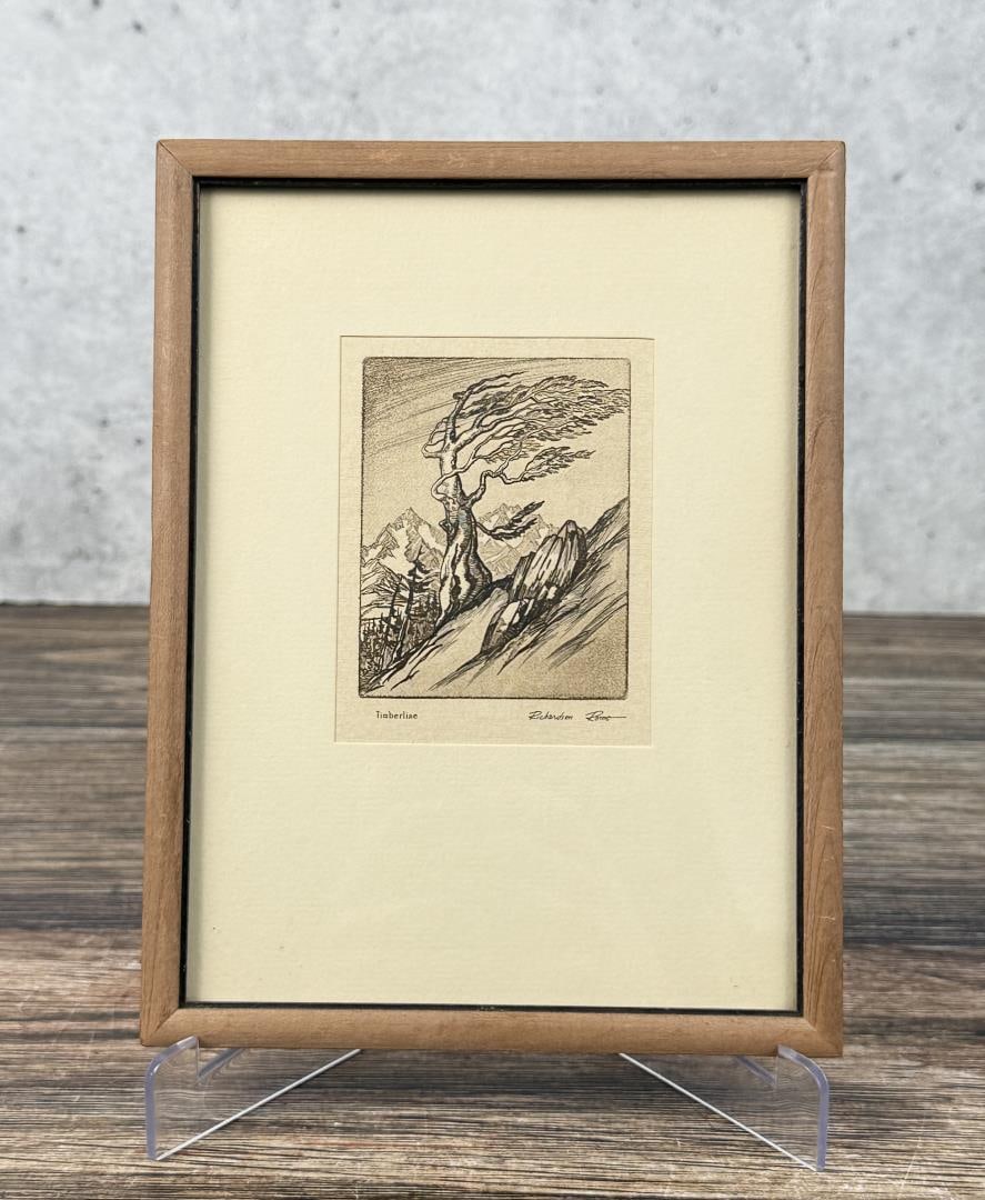 Richardson Rome Timberline Barn Etching: 3" by 3 3/4" unframed, 6 1/2" by 8 3/4" framed.