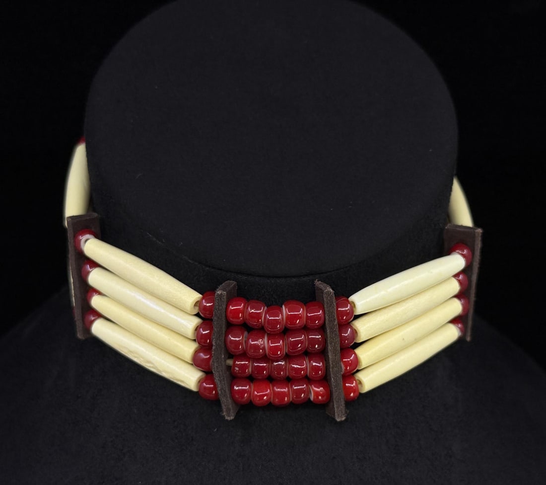 Native American Indian Hair Pipe Choker Necklace: Nice Choker. Bone hair pipes, and white heart trade beads. 17 1/2" Long open.