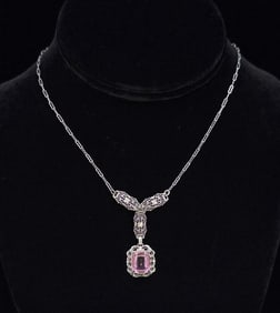 Art Deco Sterling Silver Pink Paste Necklace