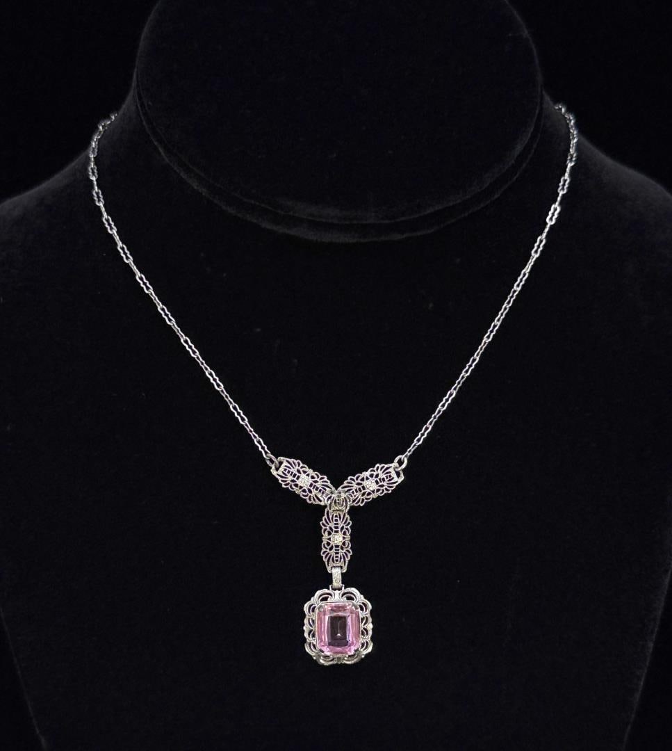 Art Deco Sterling Silver Pink Paste Necklace (1 of 3)