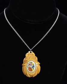 Carved Wood Micro Mosiac Inlay Necklace