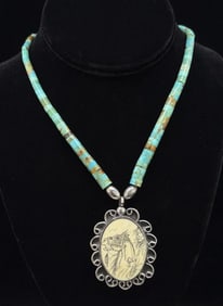 Navajo Sterling Turquoise Scrimshaw Necklace