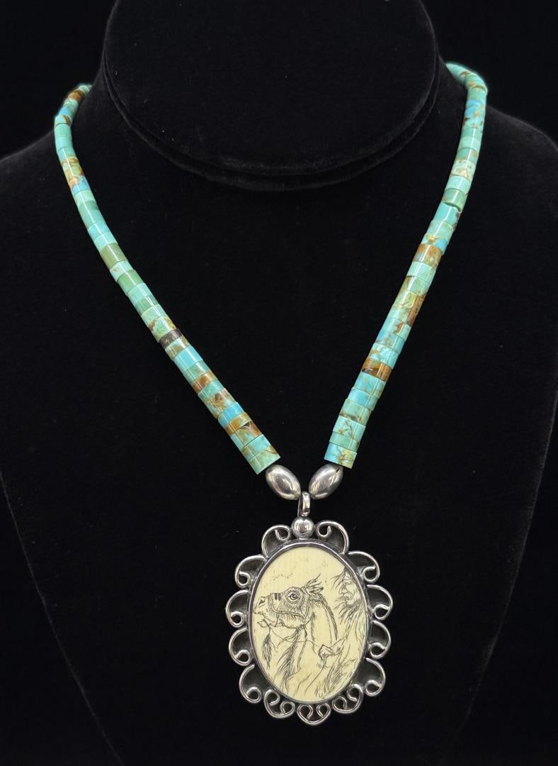 Navajo Sterling Turquoise Scrimshaw Necklace: 10 3/4" long closed. Pendant weighs 27.24 grams.