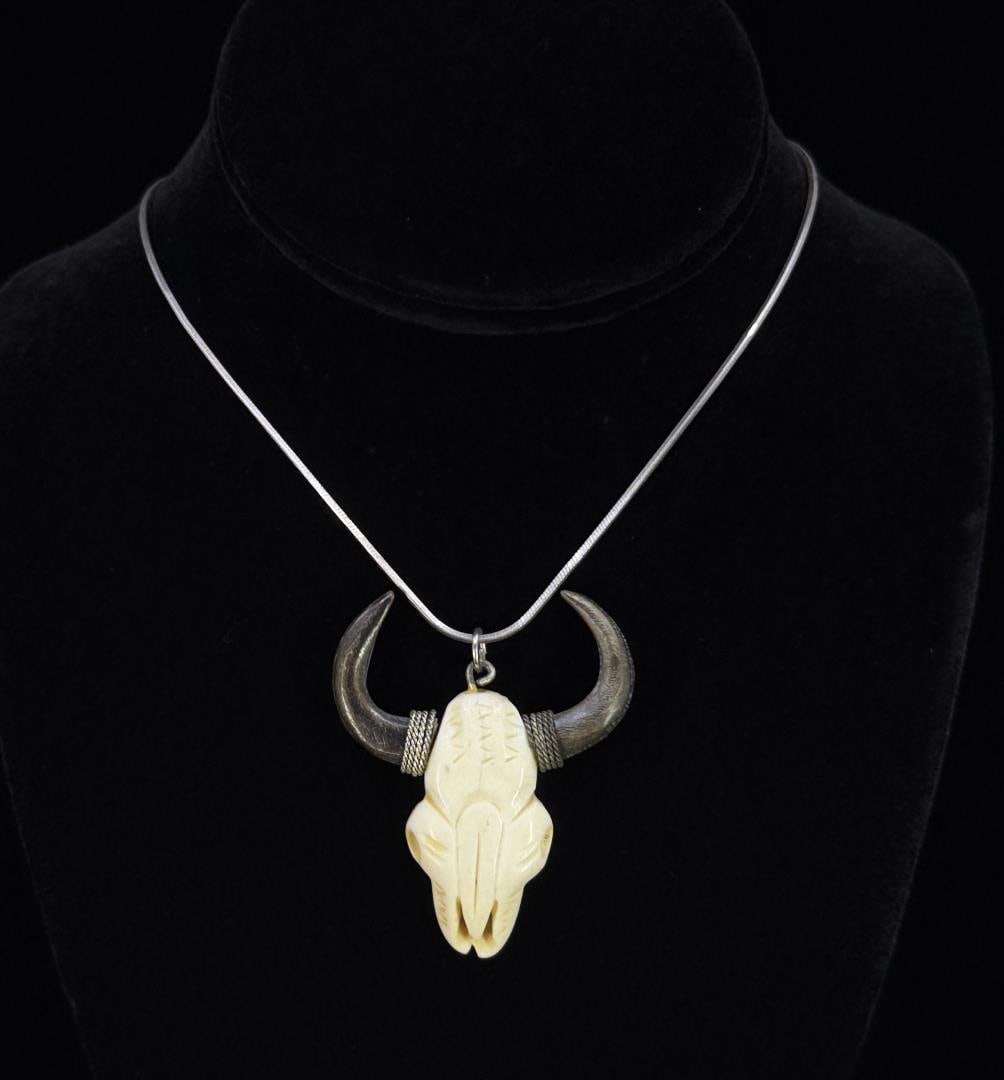Bone and Horn Buffalo Skull Necklace: 10 1/4" long closed.