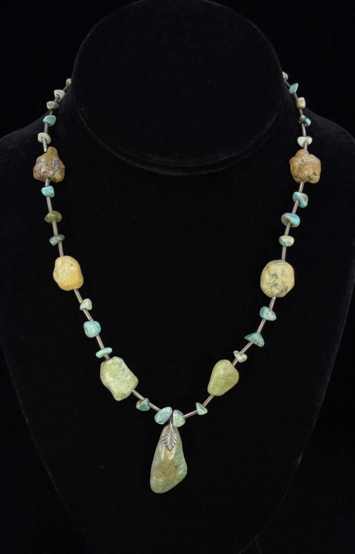 Navajo Sterling Silver Turquoise Nugget Necklace: 9 1/4" long closed.
