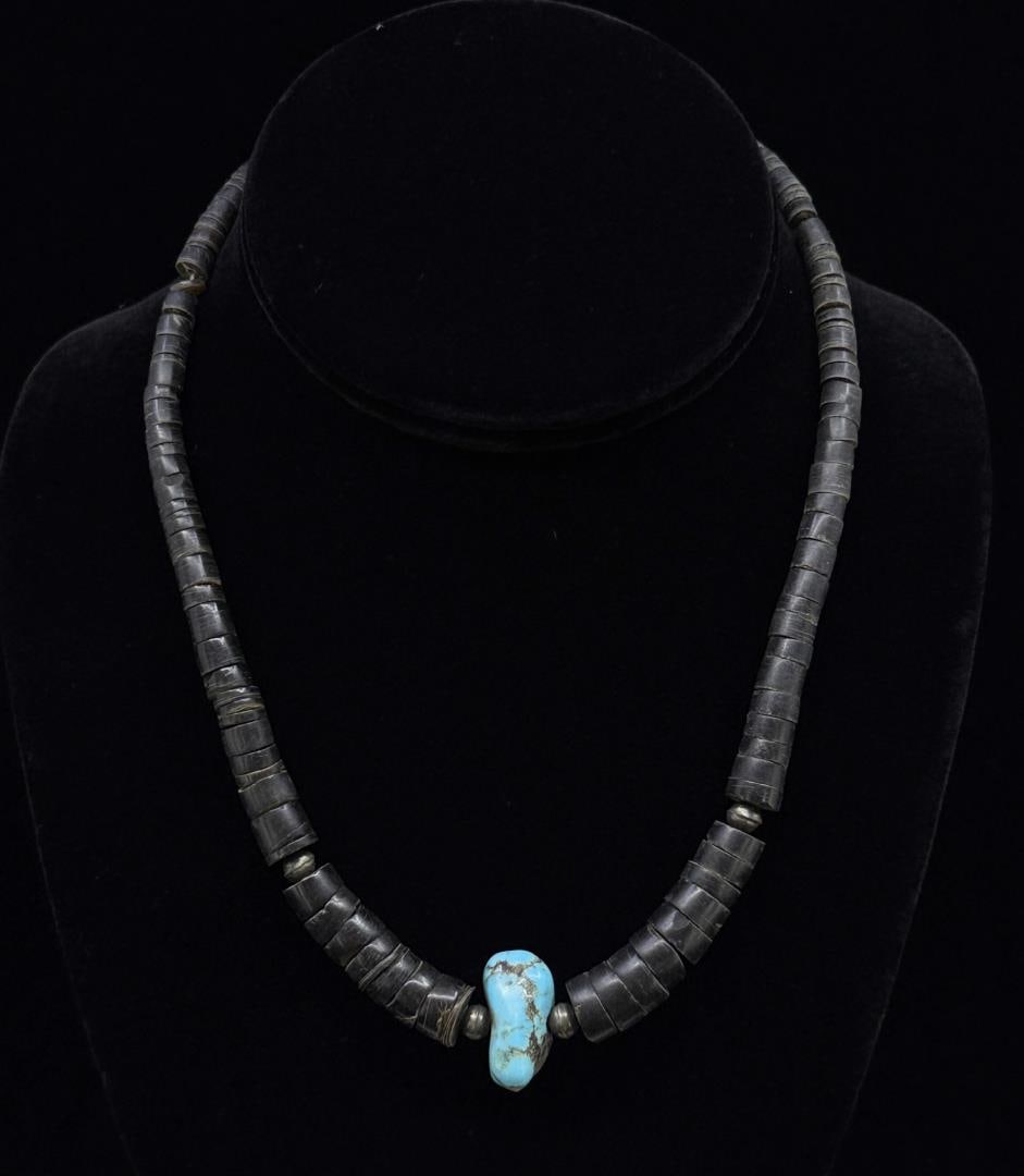 Zuni Turquoise and Horn Heishi Necklace: 7 3/4" long closed.