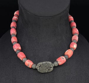 Lava Rock and Red Branch Coral Necklace