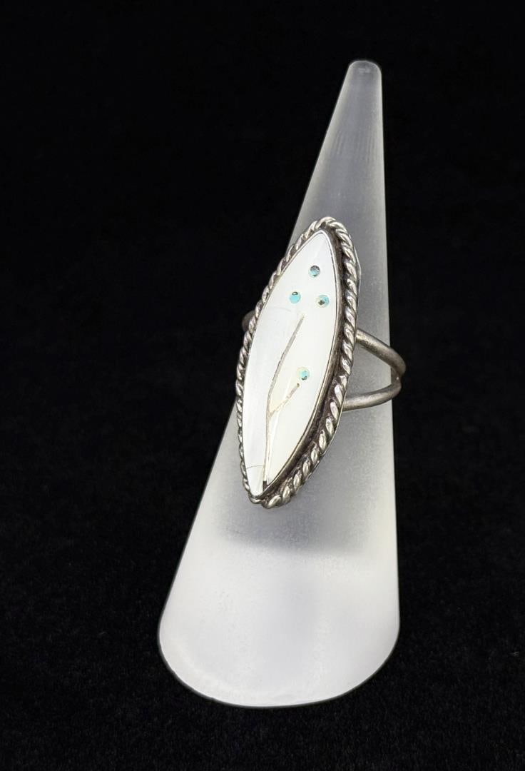 Zuni Sterling Silver Mother of Pearl Ring: Size 6 1/2". 5.36 grams.