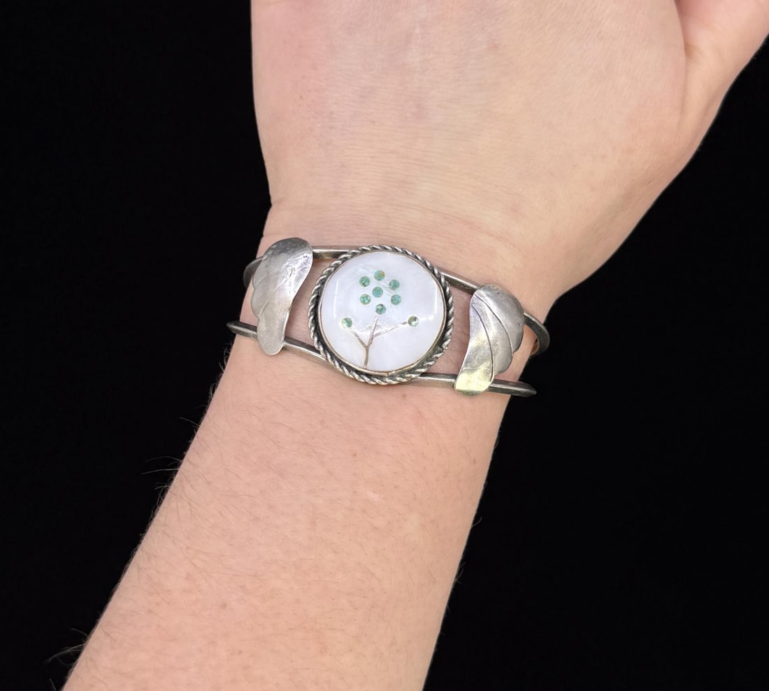 Zuni Silver Pearl Turquoise Flower Inlaid Bracelet: 2 1/2" outside diameter. 17.62 across