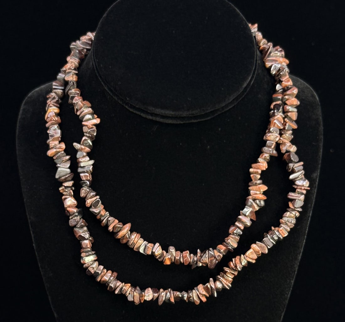 Red Tiger Eye Chip Necklace: 16 1/2" Long Closed.