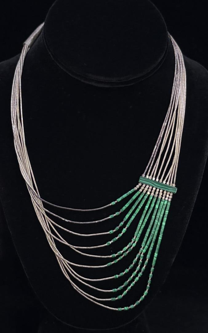 Navajo Liquid Sterling Silver Malachite Necklace: 22.75 grams. 10 1/4" long closed.