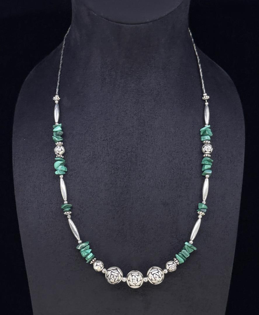 Navajo Sterling Silver Malachite Necklace: 11 3/4" long closed. 31.21 grams.