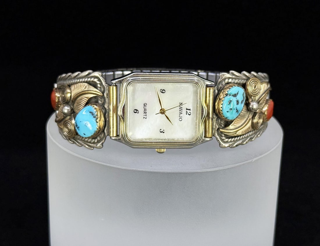 Navajo Sterling Turquoise Coral Watch Band Tips: Working.