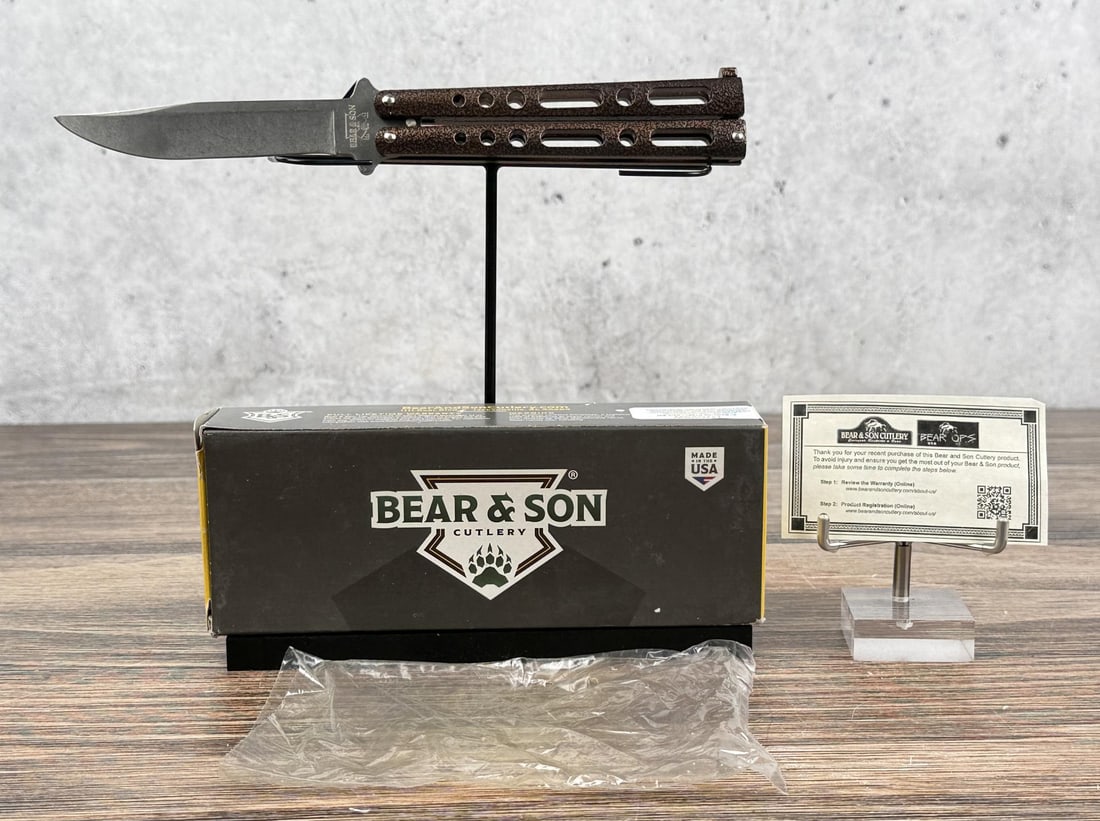 Bear & Son Copper Vein Butterfly Knife 117CVSW: New in box. 5 1/8" long closed.