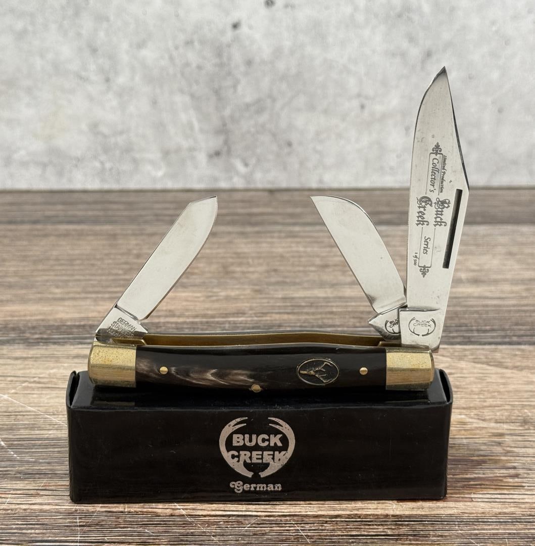 Buck Creek 3 Blade Pocket Knife BC-659 BH: German made. Buffalo horn. Limited Production 1 of 500. 4 1/4" long closed. New in box.