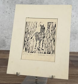 1968 Woodblock Print of Zebras