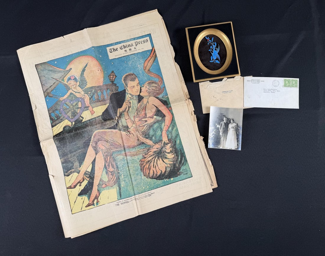 Antique Chinese Cloisonne Tian Tsui Hair Pin: Includes a copy of The China Press, a photo of Mr & Mrs Sheldon. Sidney R. Sheldon, an American educator and academic administrator who later became associated with Nanyang University in Shanghai duri