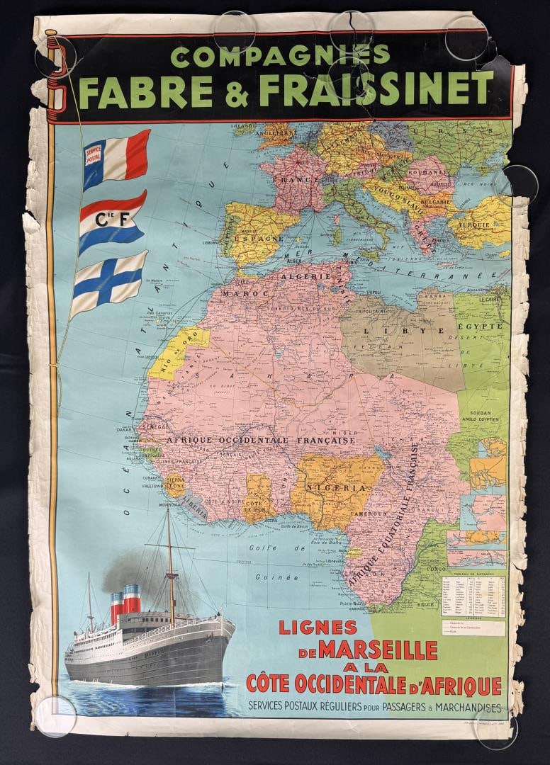 Fabre & Fraissinet Ocean Liner Travel Poster: Compagnies Fabre & Fraissinet shipping lines. It promotes regular postal, passenger, and cargo services between Marseille, France, and the West African coast. 30" by 44". Original but a bit rough.