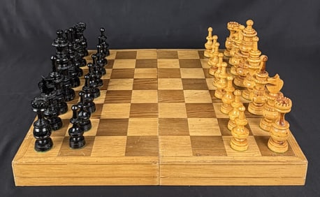 Antique Carved Chess Board and Pieces