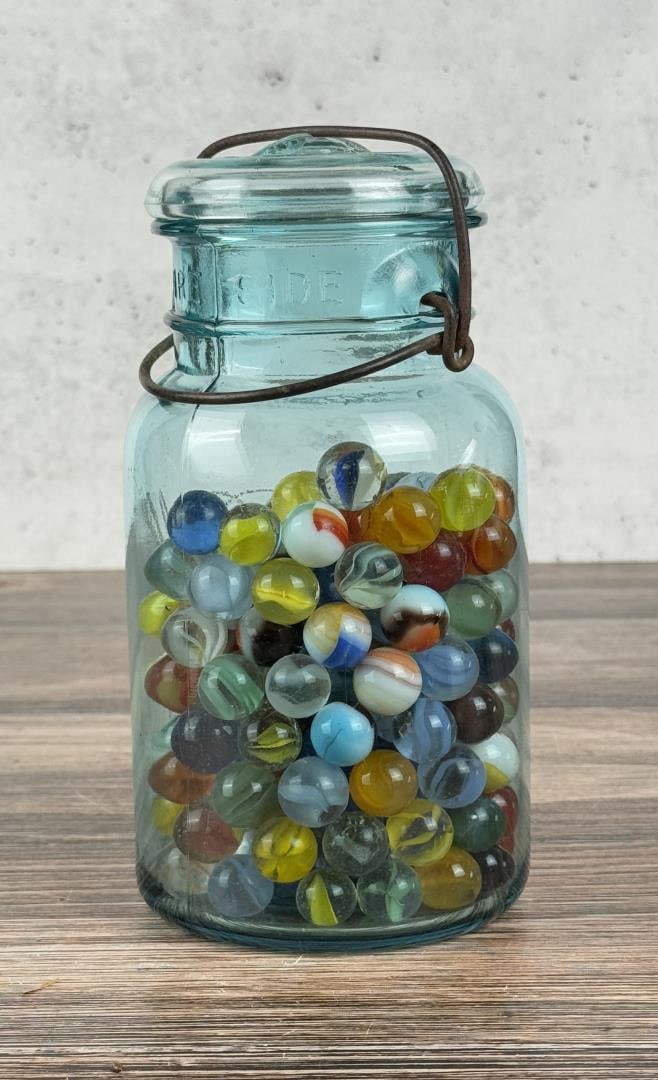 Jar of Vintage Marbles: Nice grouping in jar.