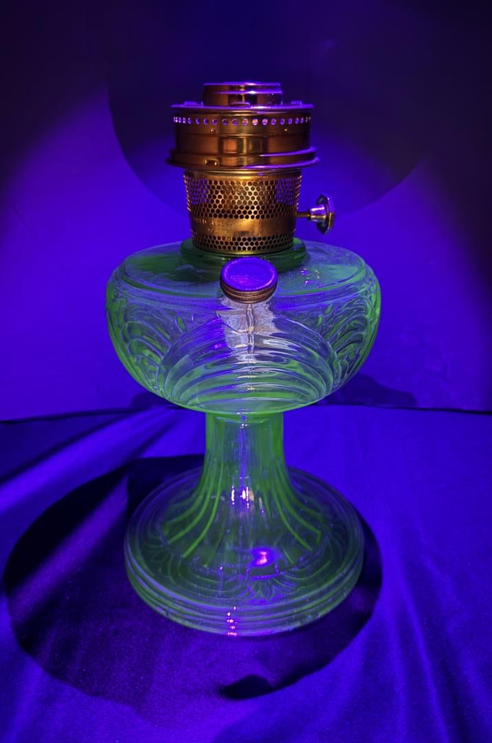 Uranium Glass Aladdin Lincoln Drape Kerosene Lamp: 11 1/2" tall, 6 3/8" diameter.