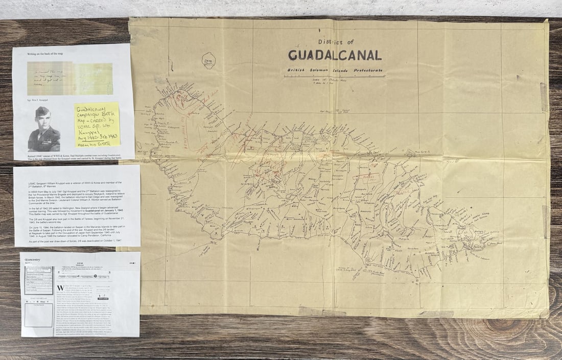 WW2 USMC Named Marine Corps Guadalcanal Map: 20" by 29". William Fredrick Knuppel, Jr. (Bill), born April 22, 1919 in Rockford, Winnebago County, Illinois, the son of William Frederick Knuppel and Frances Mary (Hunke) Knuppel Bill's parents move