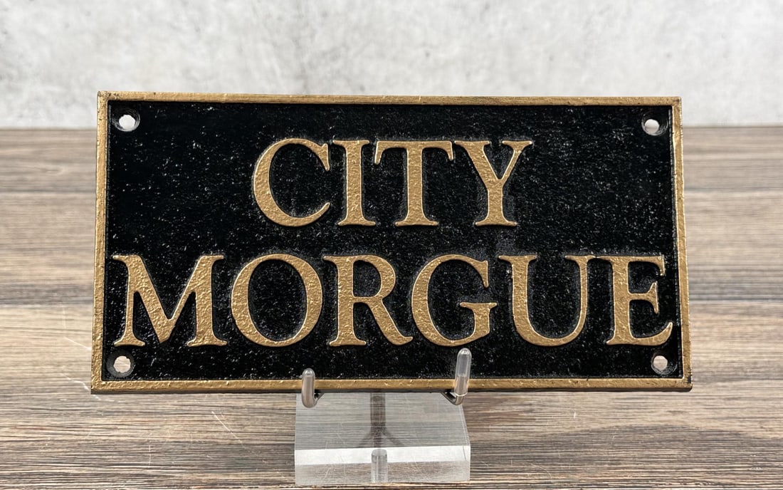 City Morgue Cast Iron Sign Plaque: 7 7/8" by 4". Contemporary manufacture.