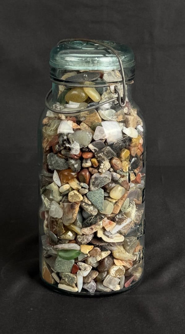 Mason Jar Full of Polished Agates: 9 1/2" tall.