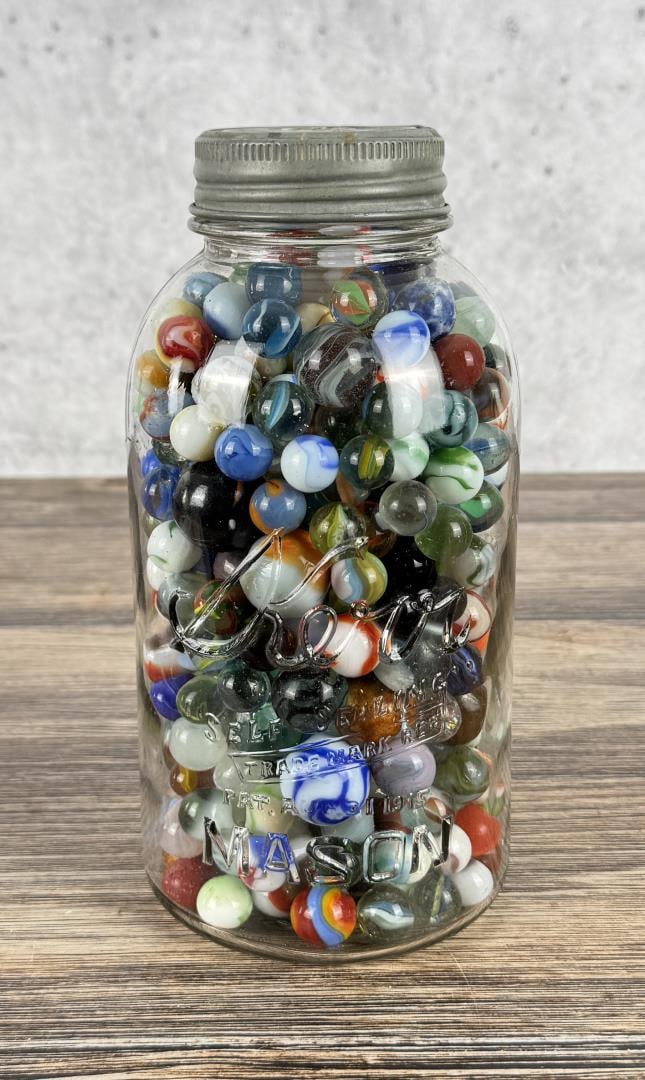 Jar of Antique Marbles: 9" tall.
