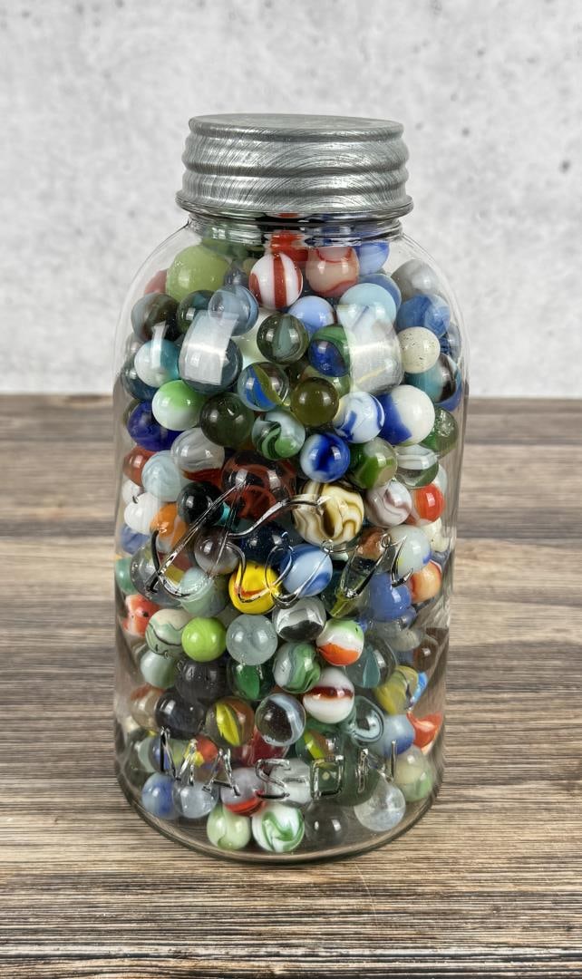 Jar of Antique Marbles: 9" tall.