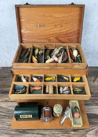 Antique Wood Fishing Tackle Box & Contents