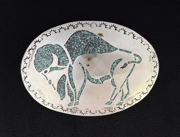 Navajo Sterling Silver Buffalo Inlaid Belt Buckle