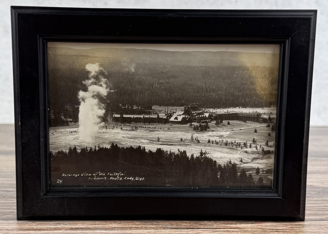 Old Faithful Yellowstone National Park Postcard: Birdseye View of Old Faithful. Cody Wyoming. 5" by 7" framed.