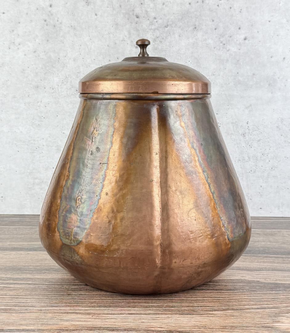 Hammered Dovetail Copper Lidded Canister: 13 1/4" tall, 12 1/4" diameter.