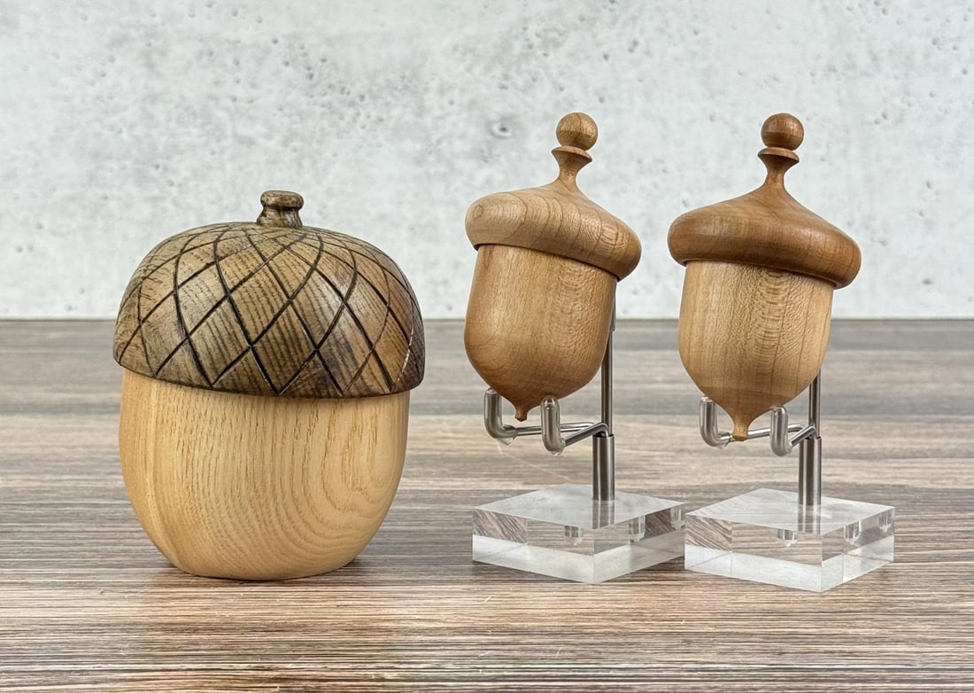 Collection of Acorn Form Wood Boxes: Largest is 3 3/4" tall, 3 1/8" diameter.