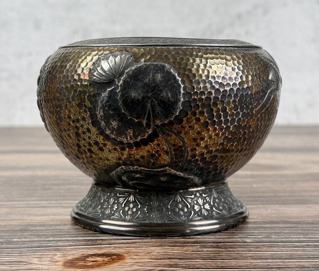 Meriden Silver Plate Hammered Rose Bowl: 5" diameter, 3 5/8" tall.