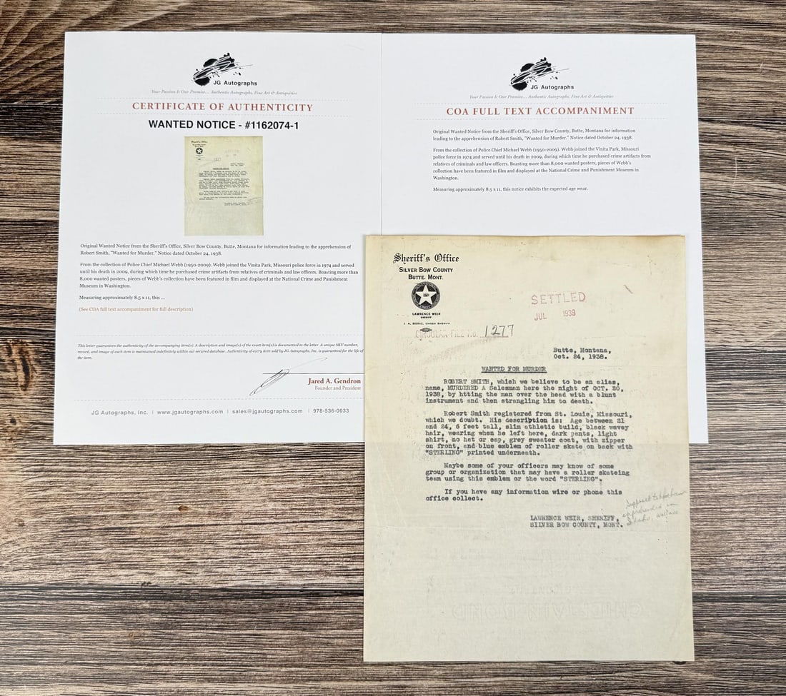 Butte Montana Wanted Poster Sheriff Notice: Robert Smith, Wanted for Murder, 1938