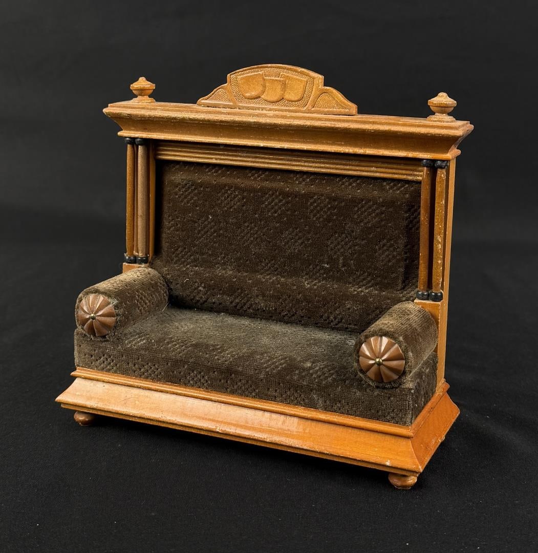 Victorian German Wood Dollhouse Sofa Couch: 6" by 5 5/8" by 2 1/2".
