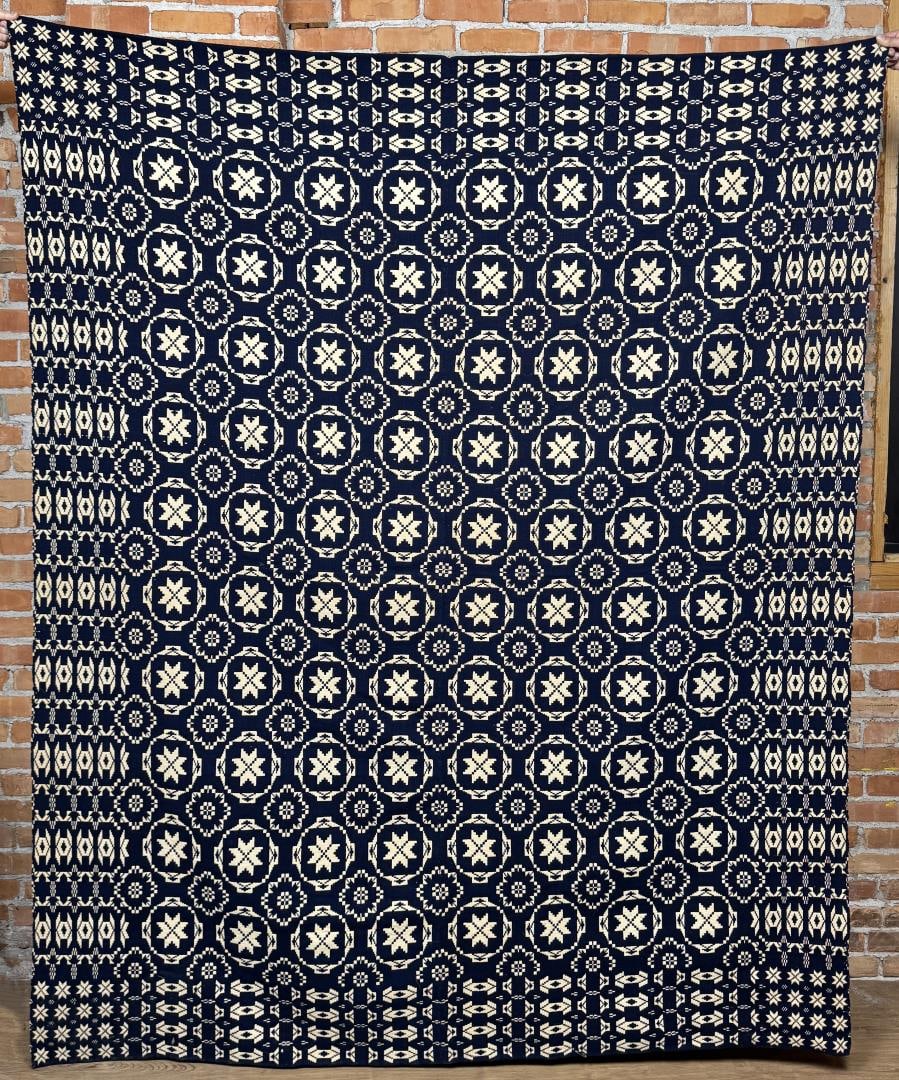 Round Lake New York Jacquard Coverlet: Identified on tag as A.W. 1823, Round Lake New York. Colors and condition are exceptional. 78" by 97".