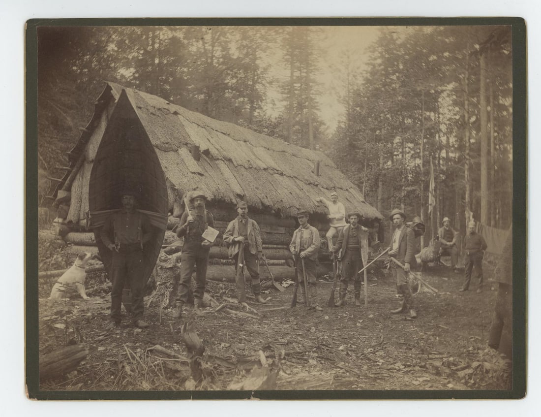 Men with Canoe Hunting Logging Camp Photo: 6 1/2" by 8 1/2"
