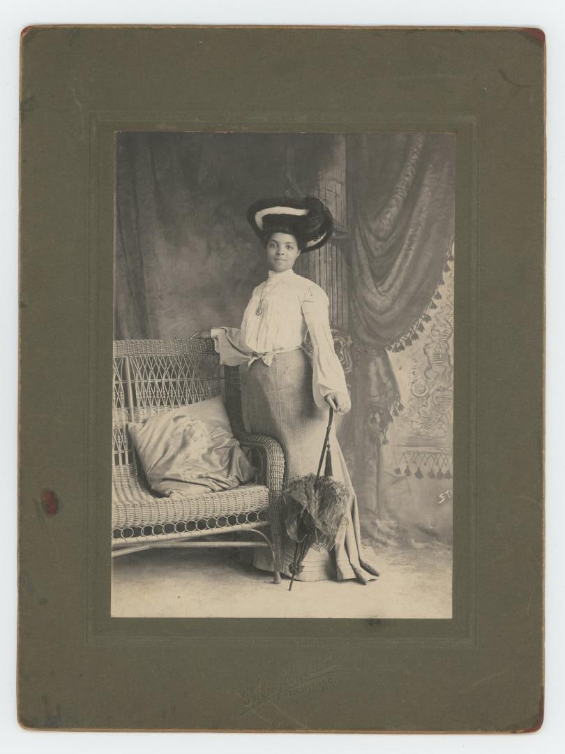 Identified African American Woman Cabinet Photo: Identified as Aunt Viola Brown, Lucien's Sister. Kenton Ohio. 6" by 8"