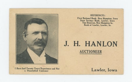 J.H. Hanlon Auctioneer Lawler Iowa Business Card