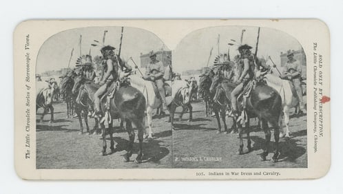 Indians in War Dress and Cavalry Stereoview