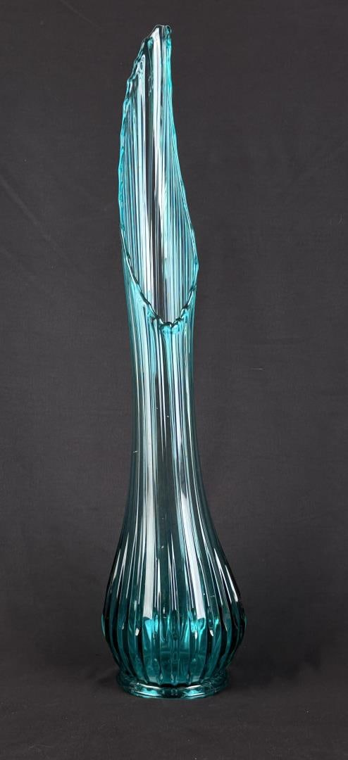 L.E. Smith Peacock Blue Ribbed Ribbed Swung Vase: Architectural size. 30" tall, 6 5/8" diameter.