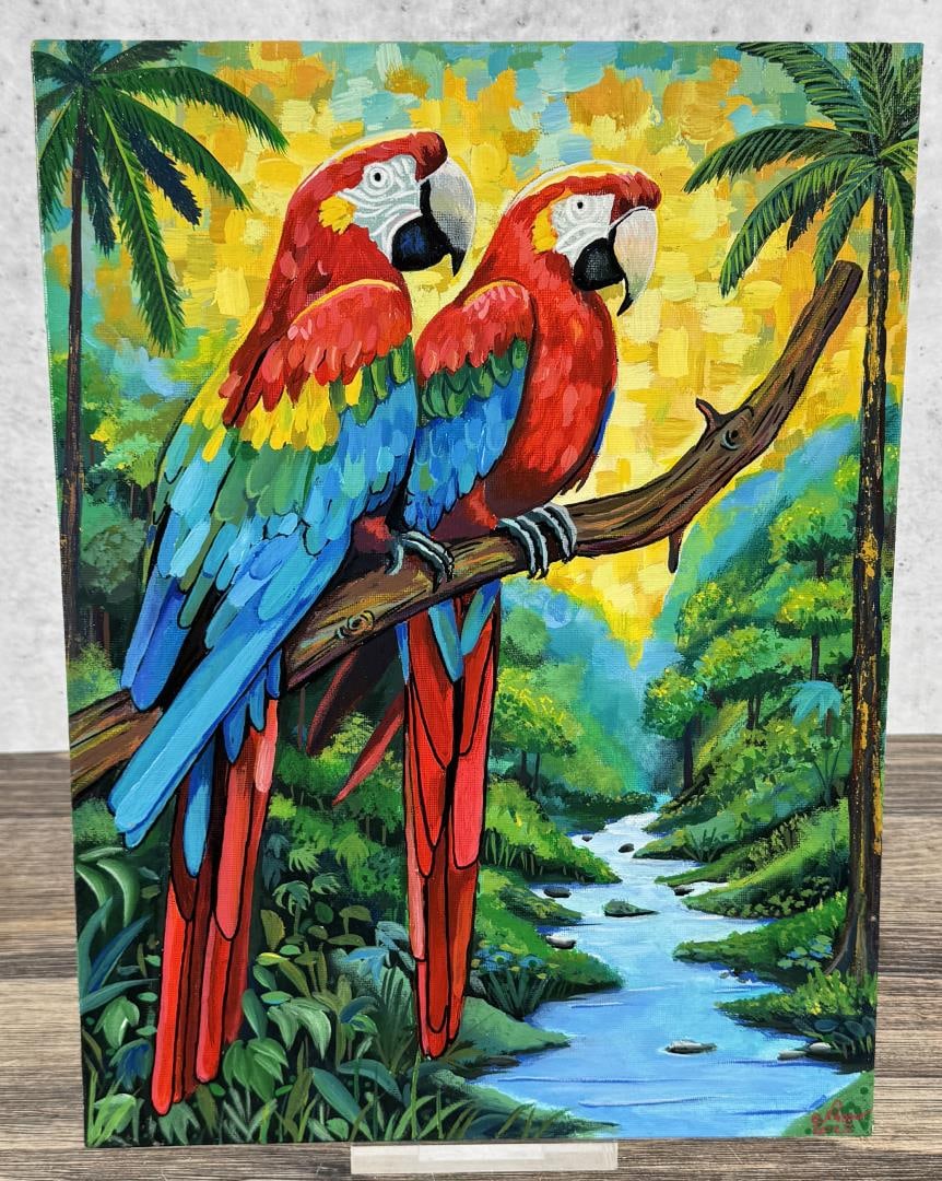 Nasser Mejia Moreno Guacamayas Painting: Title is Guacamayas. 12" by 16". Oil on Board. Nasser Mejia Moreno is a prominent Nicaraguan artist born in Managua in 1982. His passion for drawing manifested itself from an early age, establishing i