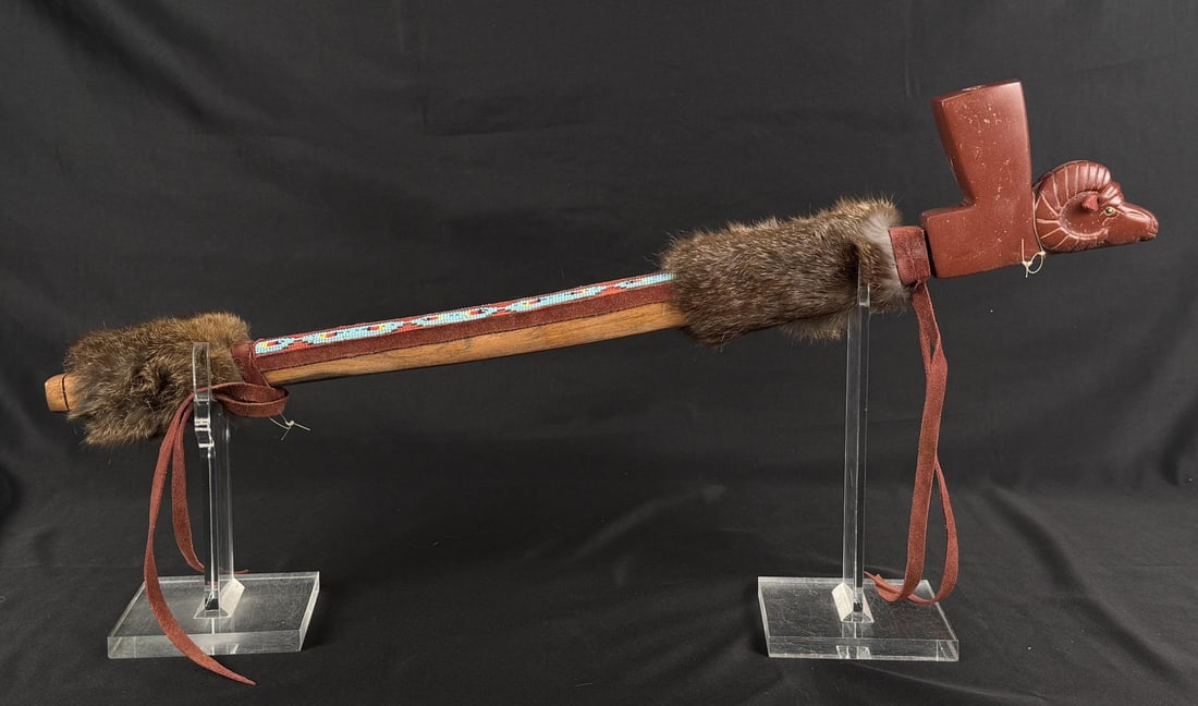 Lee Badonie Zuni Pipestone Ram Peace Pipe: 24" long.