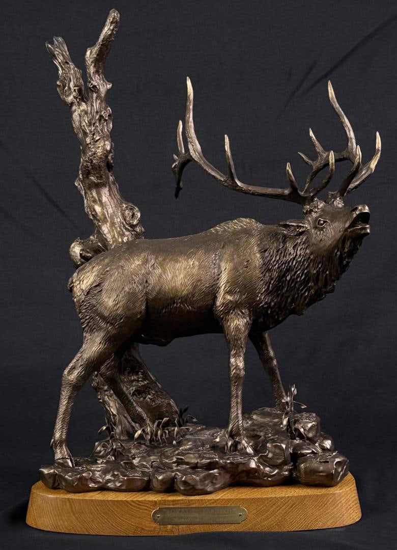 Russell D Jorgensen Royal Challenge Sculpture: Title is Royal Challenge. 19 3/8" by 14" by 9 1/4". 1514/2500
