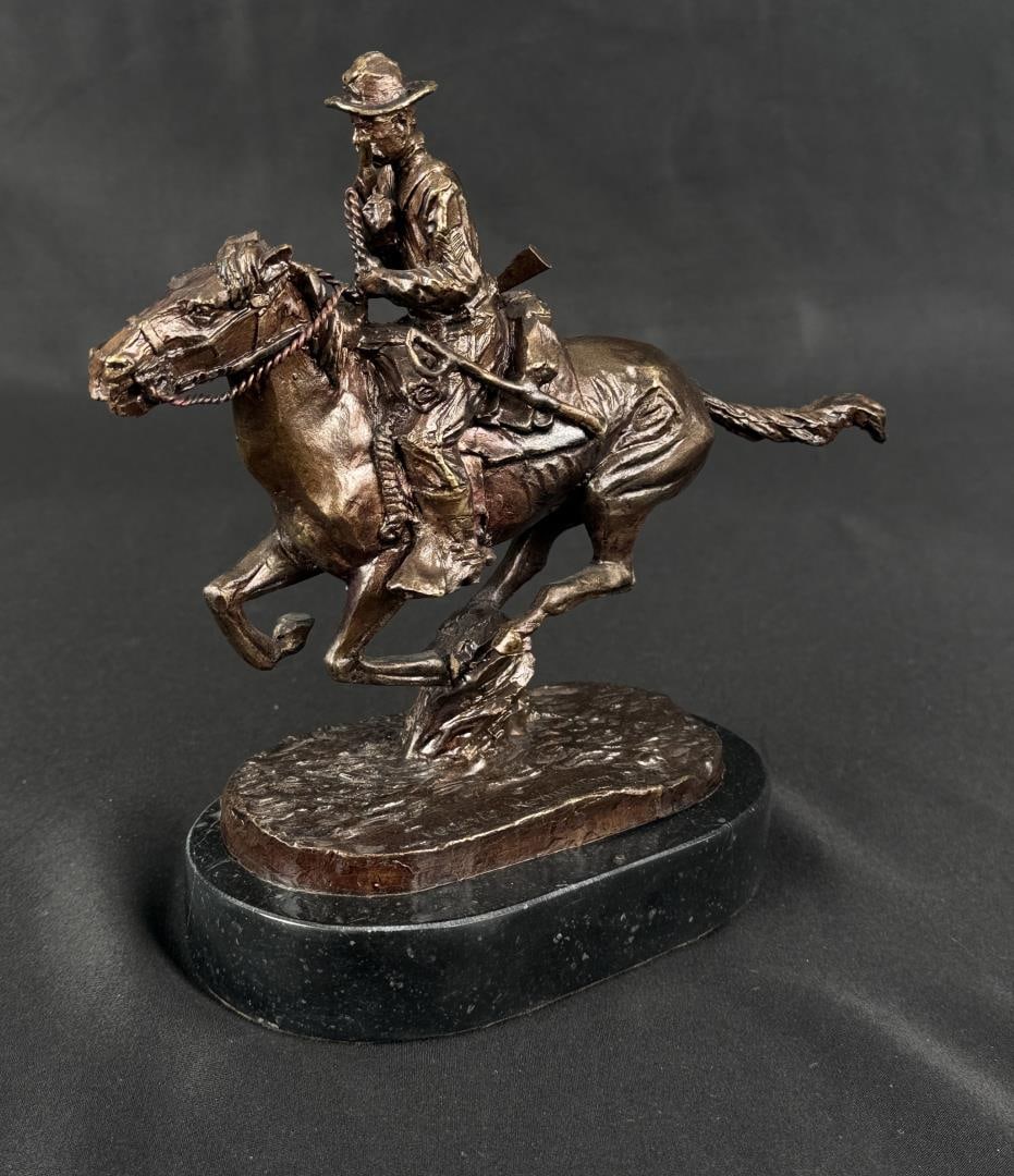 Frederic Remington Trooper of the Plains Bronze: Title is Trooper of the Plains. 7 1/8" by 6 1/2" by 4 5/8". Frederic Sackrider Remington (1861 - 1909) was active/lived in New York, Kansas, Connecticut. Frederic Remington is known for Western painti